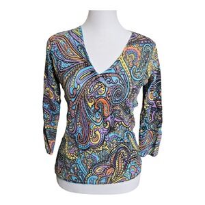 Alberto Makali Women's Multicolor Paisley Beaded V Neck 3/4 Sleeve Top M